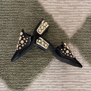 Jeffrey Campbell Black Patent Pointed Mule with Gold Stud Embellishments